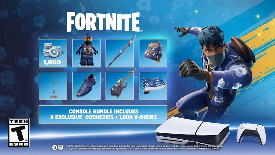 Pack PS5 &eacute;dition sp&eacute;ciale Fortnite Flowering Chaos avec console et objets cosm&eacute;tiques exclusifs.