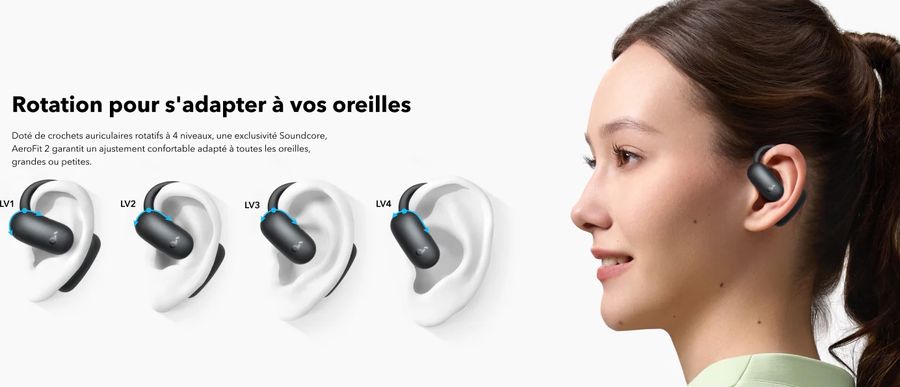 Écouteurs Soundcore AeroFit 2 avec crochets ajustables pour un confort optimal et un maintien sécurisé.