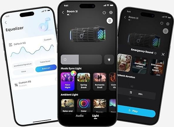 R&eacute;glages audio de l&rsquo;enceinte connect&eacute;e Soundcore Boom 3i accessibles depuis l&rsquo;application mobile Soundcore