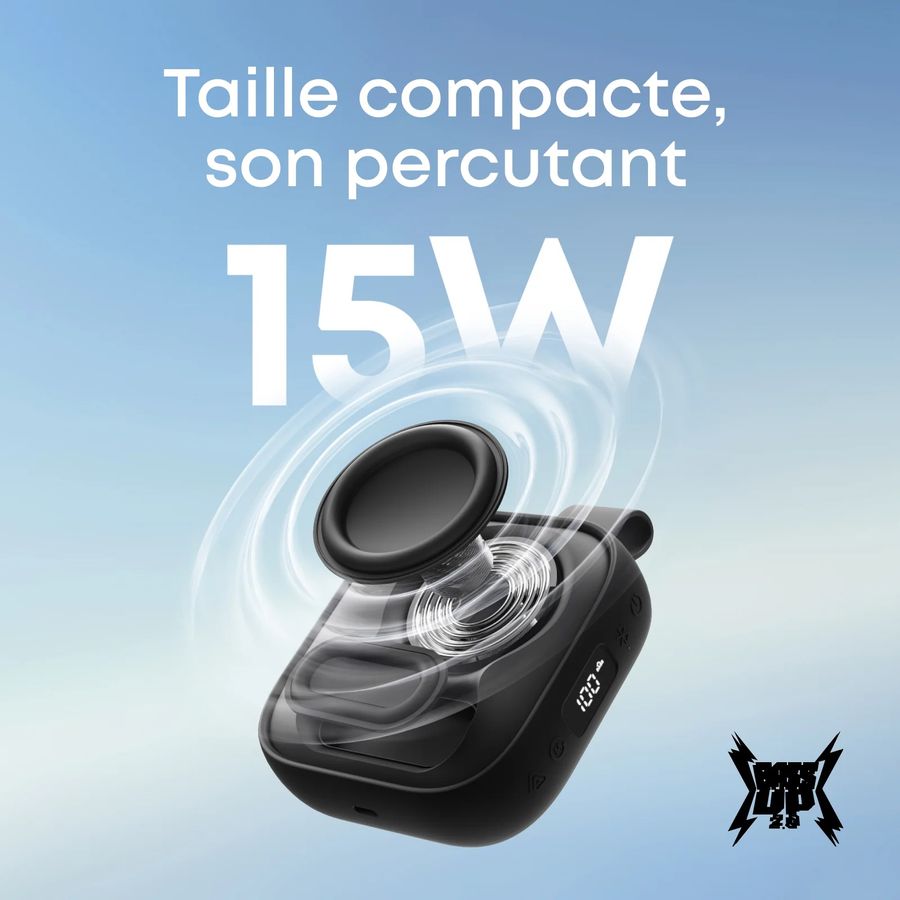 Enceinte portable Soundcore Boom Go 3i de 15 W avec technologie BassUp 2.0 pour des basses renforc&eacute;es.