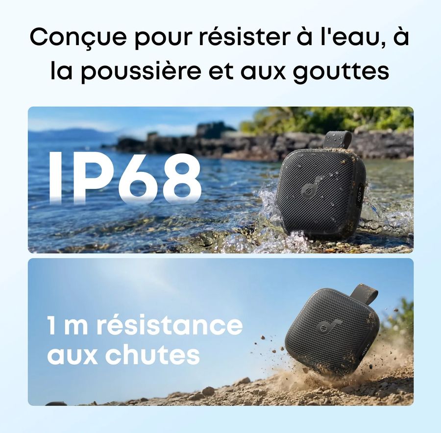 Enceinte &eacute;tanche Soundcore Boom Go 3i certifi&eacute;e IP68, r&eacute;sistante &agrave; l&rsquo;eau et enti&egrave;rement prot&eacute;g&eacute;e contre la poussi&egrave;re.