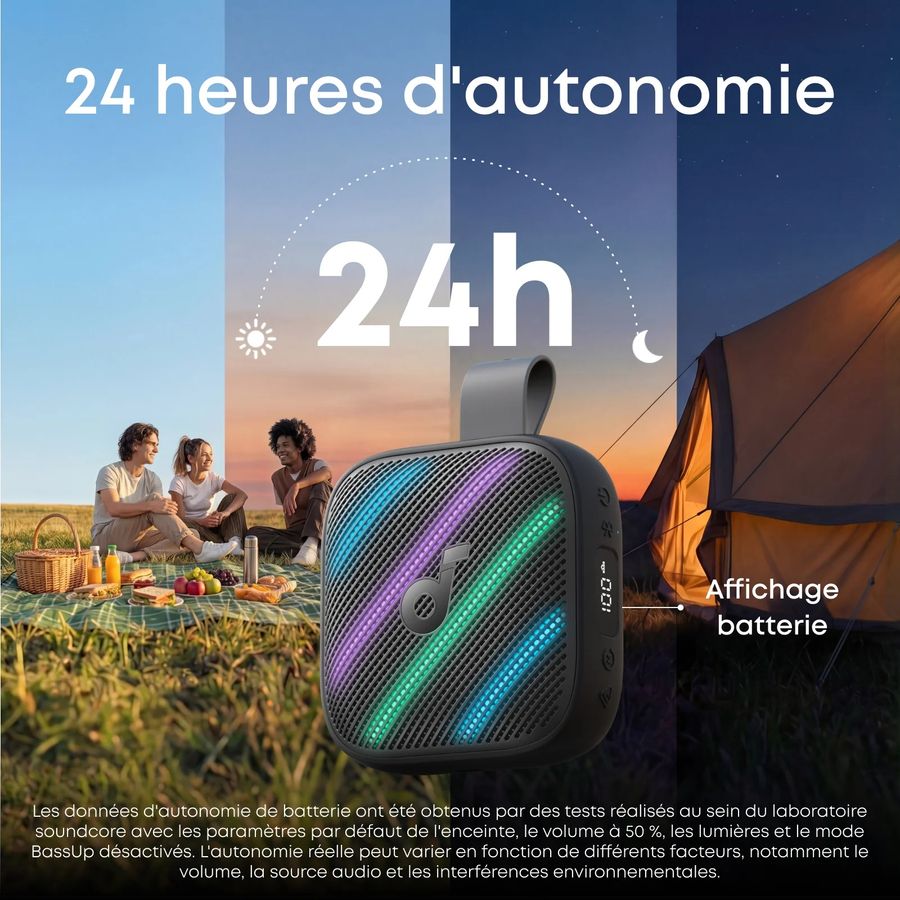 Enceinte nomade Soundcore Boom Go 3i avec jusqu&rsquo;&agrave; 24 heures d&rsquo;autonomie et &eacute;cran de niveau de batterie.