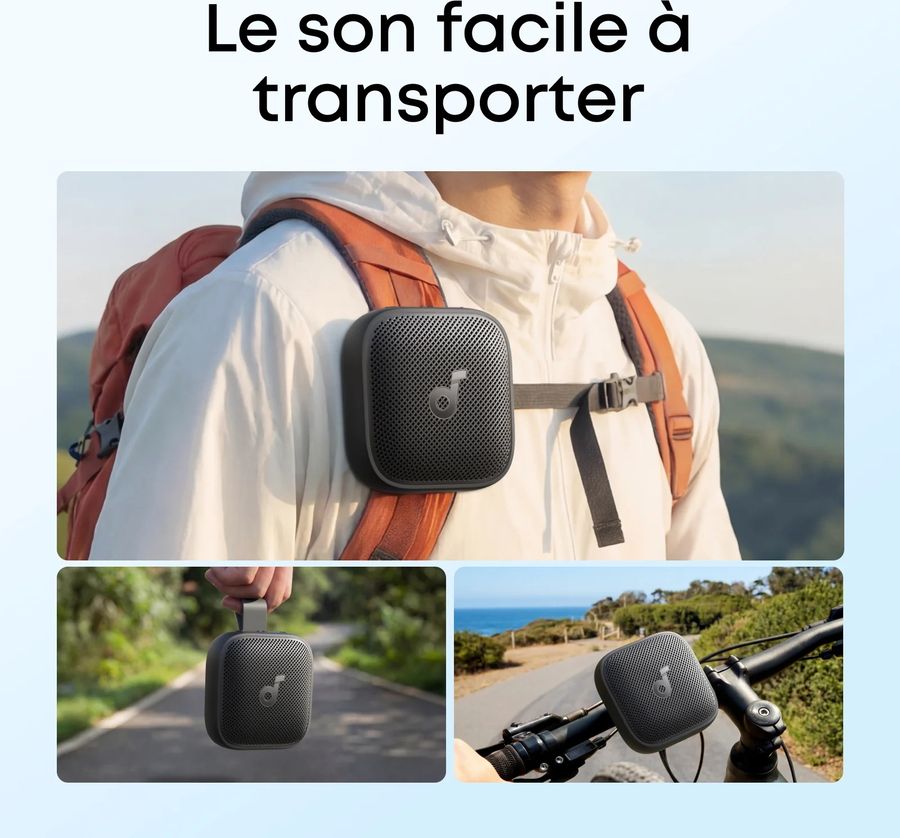 Enceinte ext&eacute;rieure Soundcore Boom Go 3i avec fixation deux-en-un, clip et lani&egrave;re en silicone doux.