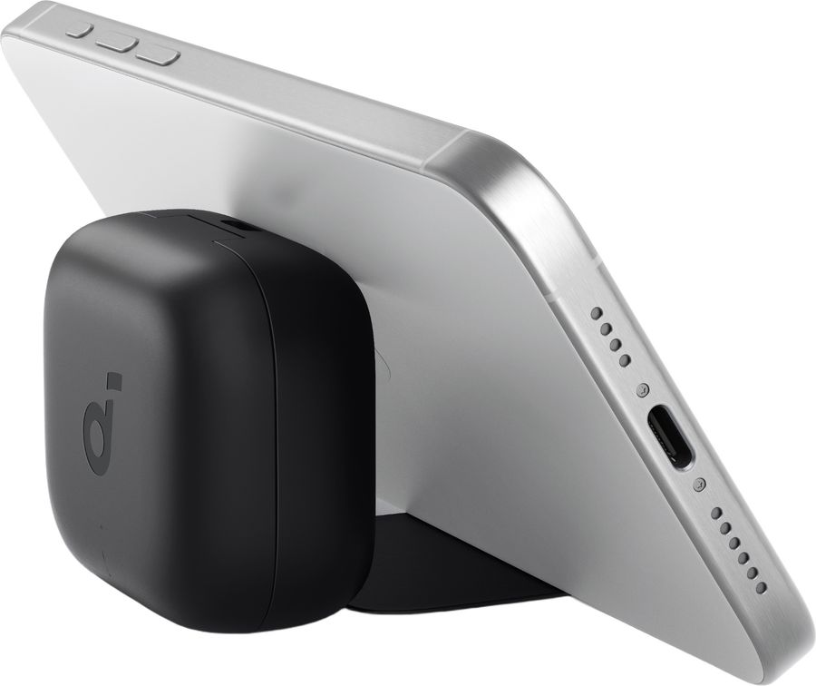 Boîtier des écouteurs Soundcore P30i servant de support pour smartphone en position horizontale.