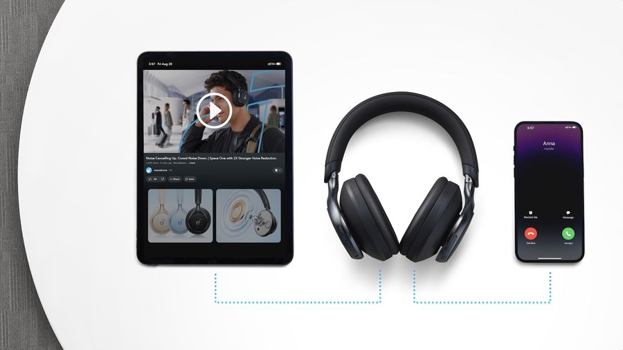 Casque Soundcore Space One avec connexion Bluetooth Multipoint pour deux appareils simultanés.