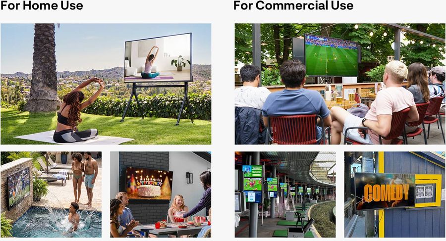 T&eacute;l&eacute;viseur d'ext&eacute;rieur Sylvox Pergola Pro 55 pouces pr&eacute;sent&eacute; dans diff&eacute;rents environnements r&eacute;sidentiels et professionnels pour une utilisation en plein air.