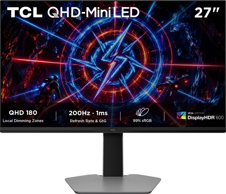 Moniteur gaming TCL 27P2A avec dalle Mini LED QHD 27 pouces, rafra&icirc;chissement 200 Hz et pied r&eacute;glable.