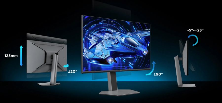 Moniteur gaming TCL 32G64 avec pied ergonomique r&eacute;glable en hauteur, inclinable et orientable.
