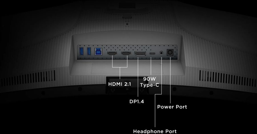 Connectique du TCL 34C2A avec HDMI 2.1, DisplayPort 1.4, USB-C 90 W et hub USB-A.