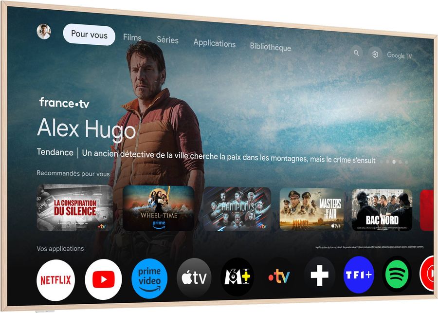 Téléviseur TCL NXTVISION 65A300W avec interface Google TV, écran QLED 65 pouces et cadre magnétique.