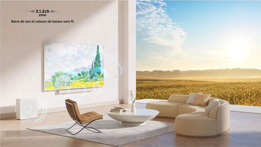 Système audio du TCL NXTVISION 65A300 Pro : barre de son 3.1.2 ultra-fine et caisson de basses, conçus par Bang & Olufsen