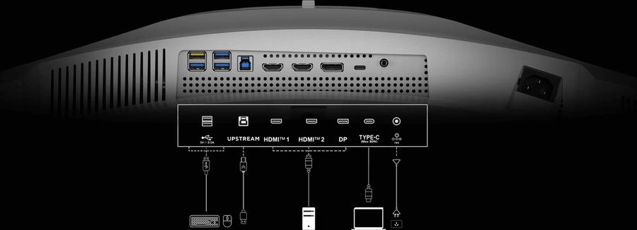 Cet écran professionnel offre toutes les connexions essentielles, avec USB-C pour l’alimentation, HDMI 2.1, DP 1.4, ports USB pour périphériques et contrôle KVM. Le TCL 57R94 propose une connectique étendue avec HDMI 2.1, DisplayPort 1.4, USB-C 90 W, ainsi que des ports USB-A, USB-B pour le KVM et une sortie casque.