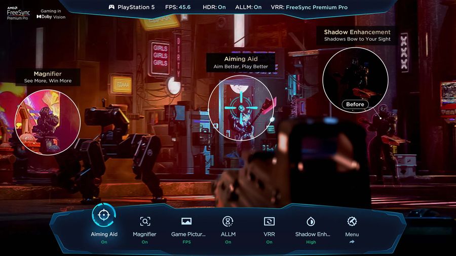  Interface de jeu du téléviseur Mini LED 4K TCL 75C9K montrant les fonctions Aiming Aid, Magnifier et Shadow Enhancement activées.
