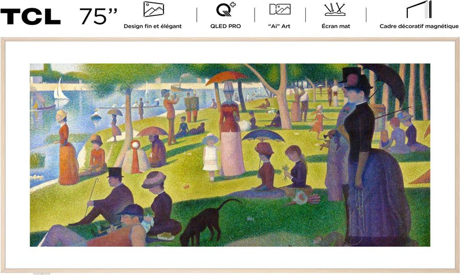 Téléviseur TCL  75A300W avec écran QLED de 75 pouces et design élégant au cadre magnétique.