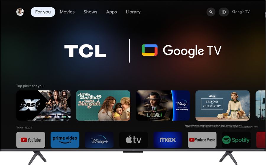 Interface Google TV du téléviseur TCL 65C71B, affichant des applications et recommandations personnalisées de contenu.