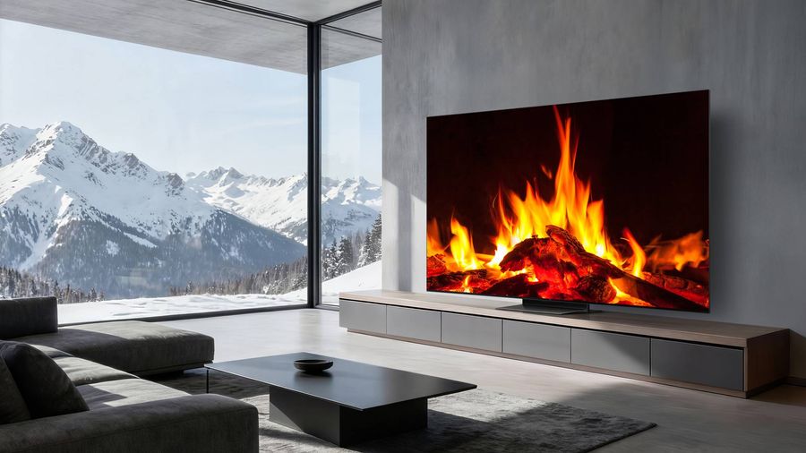 T&eacute;l&eacute;viseur Mini LED 4K TCL 75C7L affichant un feu de chemin&eacute;e dans un salon moderne avec une vue sur des montagnes enneig&eacute;es.