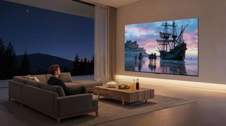 T&eacute;l&eacute;viseur Mini LED 4K TCL 98C7L affichant une sc&egrave;ne de film dans un salon moderne avec un tr&egrave;s grand &eacute;cran mural.