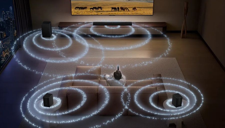 Caisson et satellites sans fil TCL Q85H Pro avec 200 W de puissance et réglage personnalisable des graves.