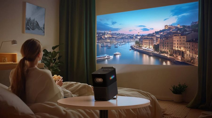 Projecteur TCL Projector A1s diffusant une grande image immersive dans une chambre moderne &agrave; l&rsquo;ambiance tamis&eacute;e et confortable.