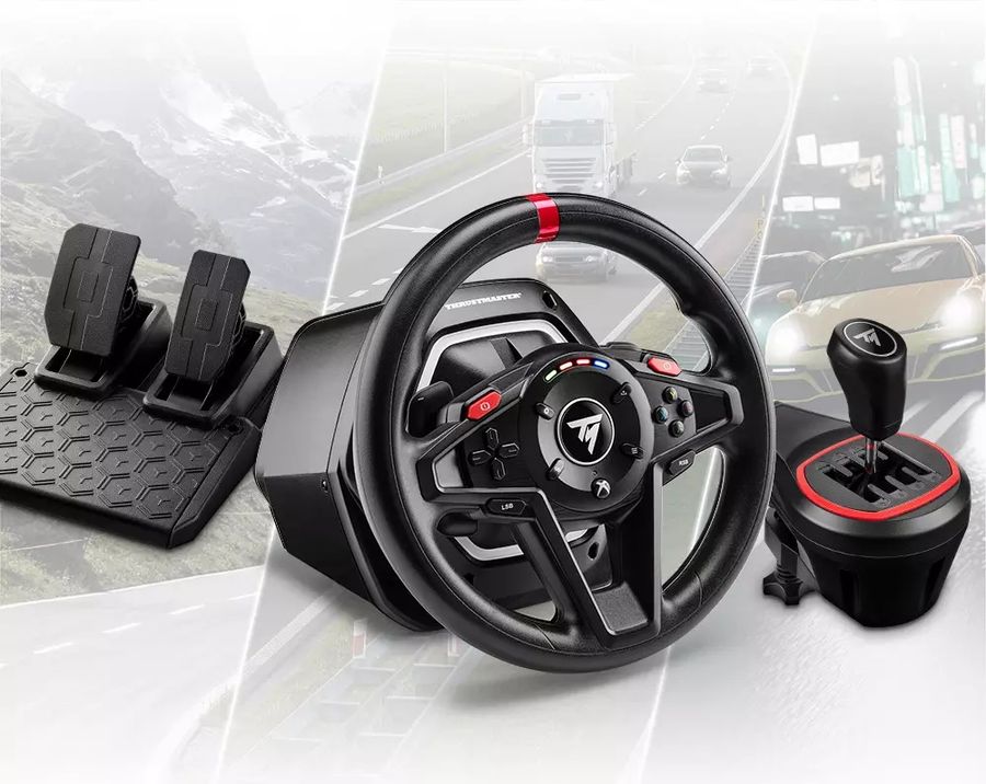 Le Thrustmaster T128 Shifter Pack inclus un volant, un pédalier et un levier de vitesse pour les simulations automobile.