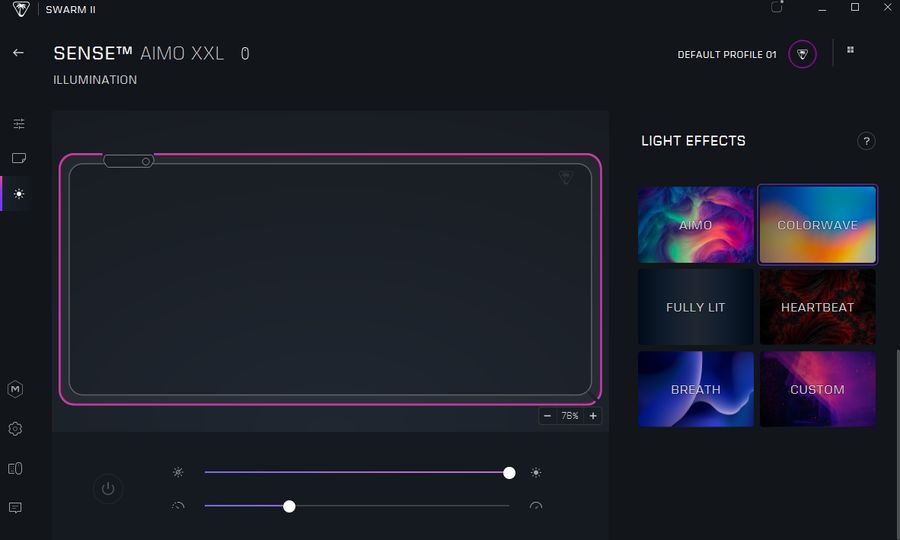 Le logiciel Swarm II permet de personnaliser l'éclairage LED du tapis de souris LED Turtle Beach Sense AIMO XXL.