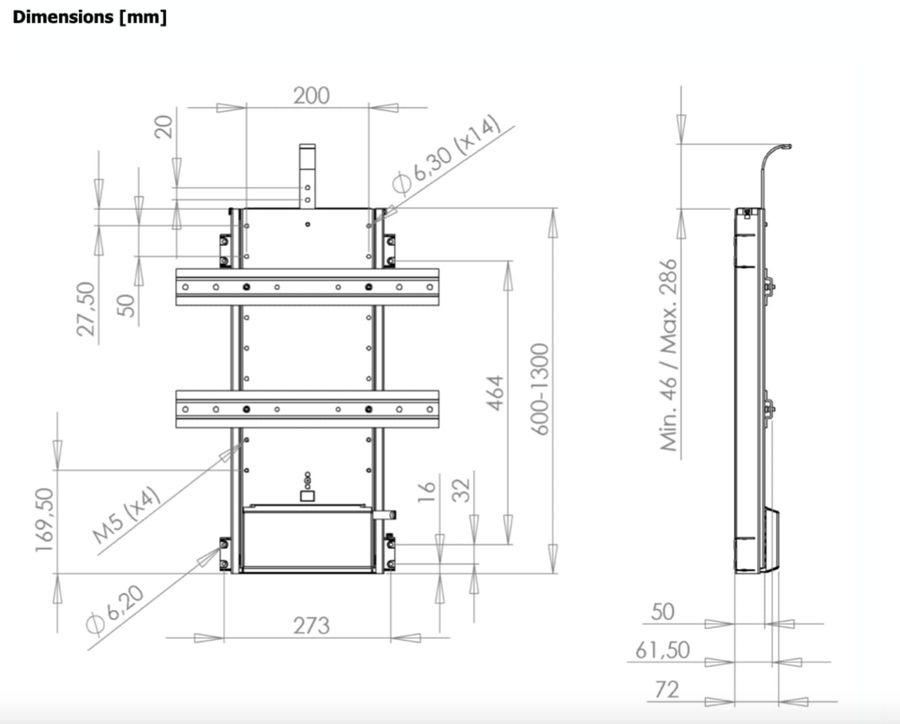 Support TV motorisé Veneset TS-700-C : schéma dimensions