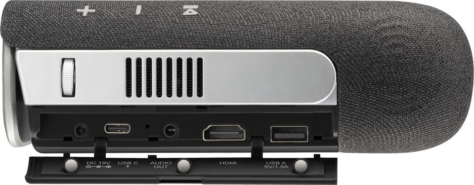 Vue latérale du picoprojecteur ViewSonic M1S montrant ses ports HDMI, USB-C et USB-A pour diverses connexions.
