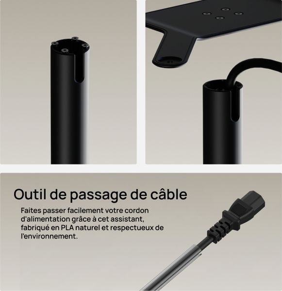 D&eacute;tail du pied de sol Xgimi pour projecteur Titan montrant l'outil int&eacute;gr&eacute; de passage de c&acirc;ble en PLA naturel.