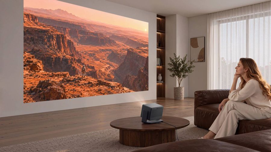 Vid&eacute;oprojecteur triple laser 4K Xgimi Horizon 30 Pro install&eacute; dans un salon, projetant une grande image sur un mur.