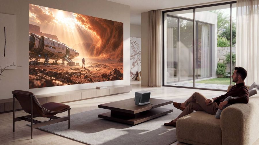 Vid&eacute;oprojecteur Xgimi Horizon 30 Ultra Max triple laser 4K install&eacute; dans un salon lumineux, projetant une grande image.