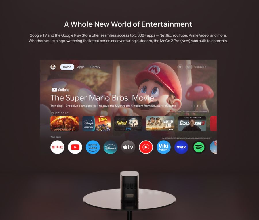 Le XGIMI MoGo 2 Pro Gen 2 offre Netflix, Prime Video, YouTube et plus grâce à Google TV. Transférez contenus et jeux depuis votre mobile avec Google Cast.