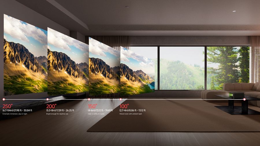 Le projecteur 4K Xgimi Titan affiche une image lumineuse et détaillée jusqu’à 250 pouces de diagonale dans un salon.
