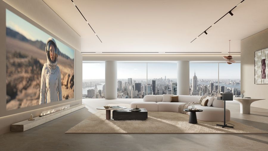 Vid&eacute;oprojecteur Xgimi Titan Noir Ultra Max diffusant une image grand format dans un salon lumineux avec vue panoramique urbaine.