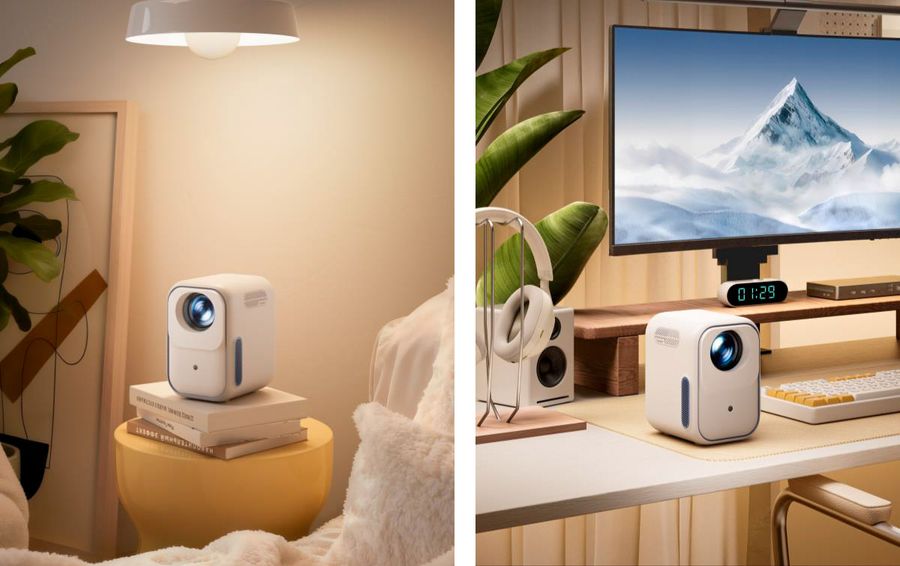 Projecteur Full HD compact Xming Episode Two pos&eacute; sur table pour,projeter des images dans un salon et un bureau moderne.