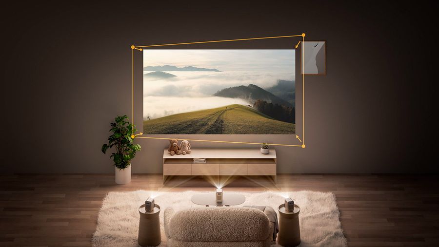 Projecteur Full HD compact Xming Episode Two projette grande image ajust&eacute;e automatiquement sur mur avec correction de trap&egrave;ze int&eacute;gr&eacute;e.