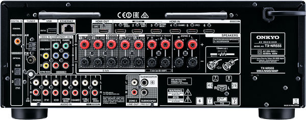 Face arrière de l'amplificateur AV Onkyo TX-NR555 en coloris noir