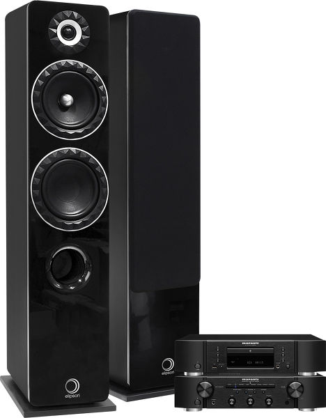 Vue de face chaîne hi-fi Marantz 6007 + enceintes colonne Elipson Prestige Facet 14F