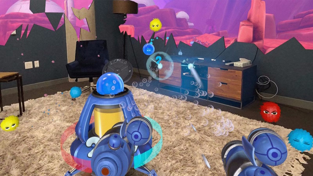 Jeu First Encounters en r&eacute;alit&eacute; augment&eacute;e, int&eacute;grant des objets virtuels dans le salon.