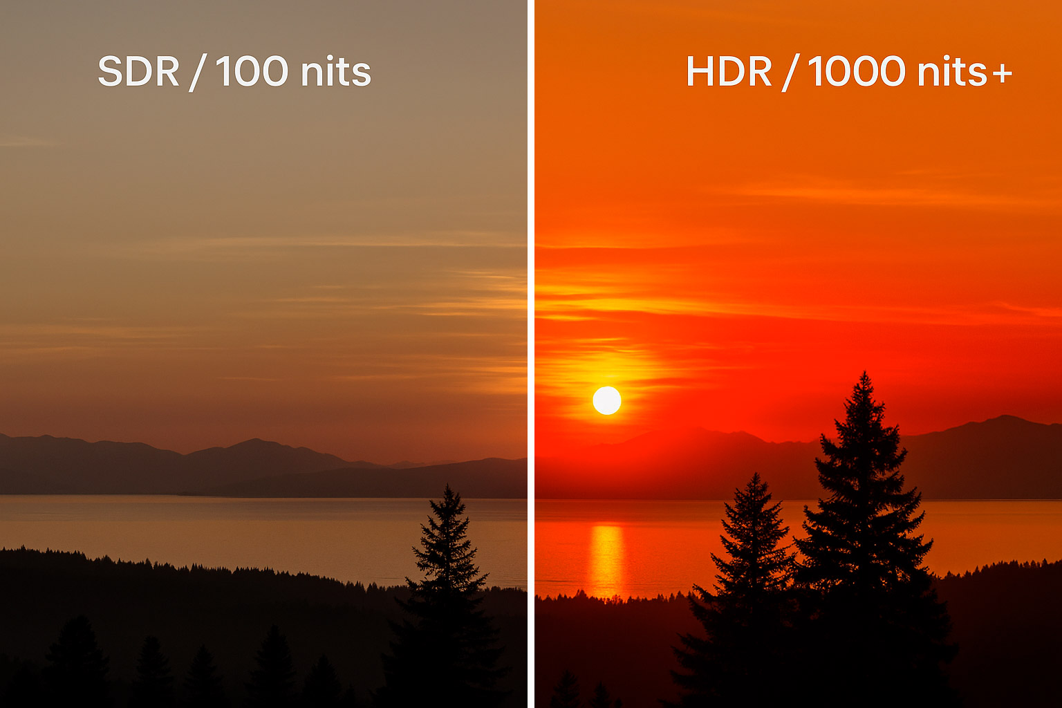Image comparative pr&eacute;sentant un paysage de coucher de soleil, en SDR avec une luminosit&eacute; plafonn&eacute;e &agrave; 100 nits &agrave; gauche, et en HDR avec une luminosit&eacute; &agrave; 1000 nits &agrave; droite