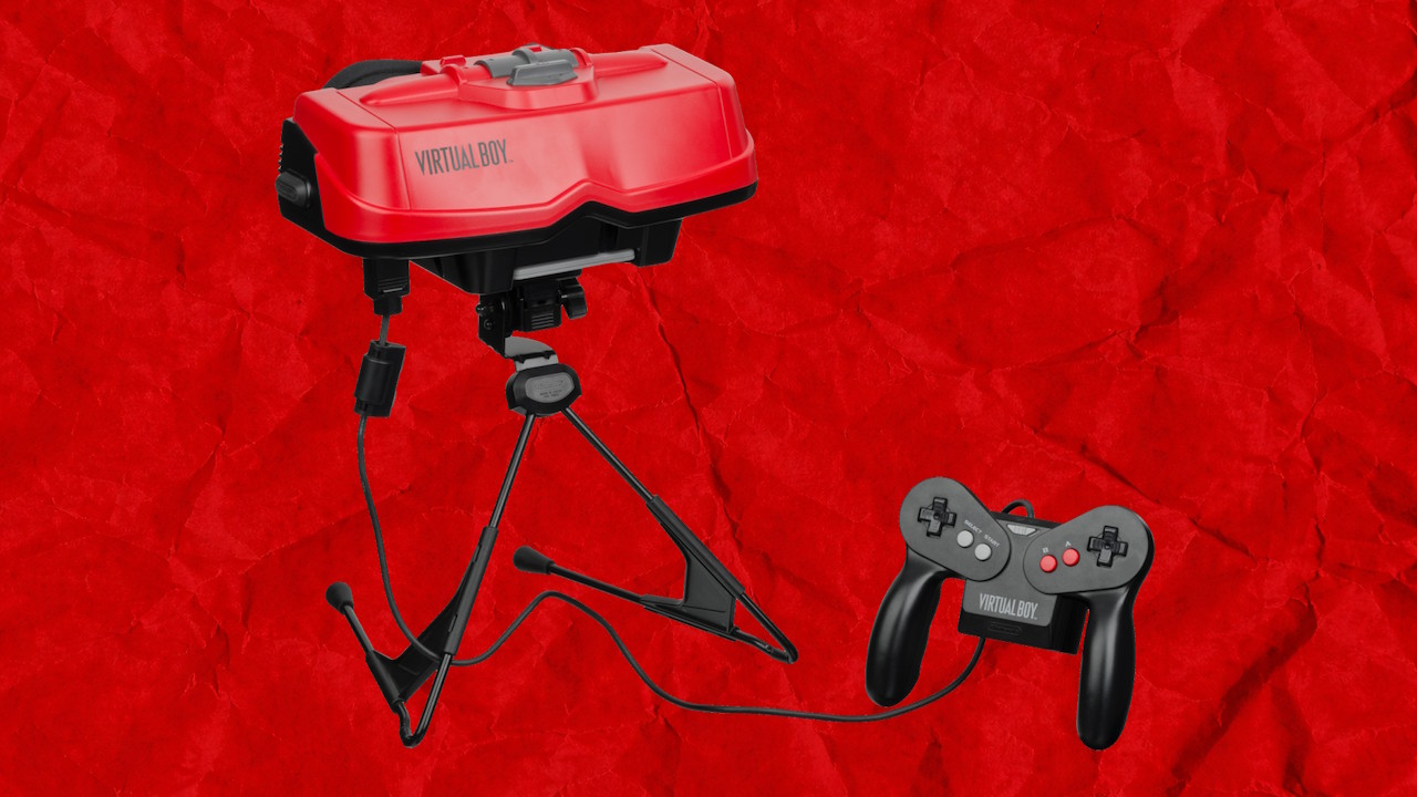Nintendo Virtual Boy (1995), console 3D &agrave; affichage rouge et noir avec casque sur support