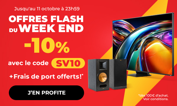 Jusqu'au 11 octobre à 23h59. Offres flash du week-end. -10% avec le code SV10 + Frais de port offerts!*. J'en profite. *dès 100€ d'achat. Voir conditions